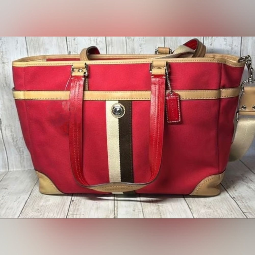 COACH Voyager Red Canvas Weekend Diaper Bag Crossbody Tote Purse RETAIL $398